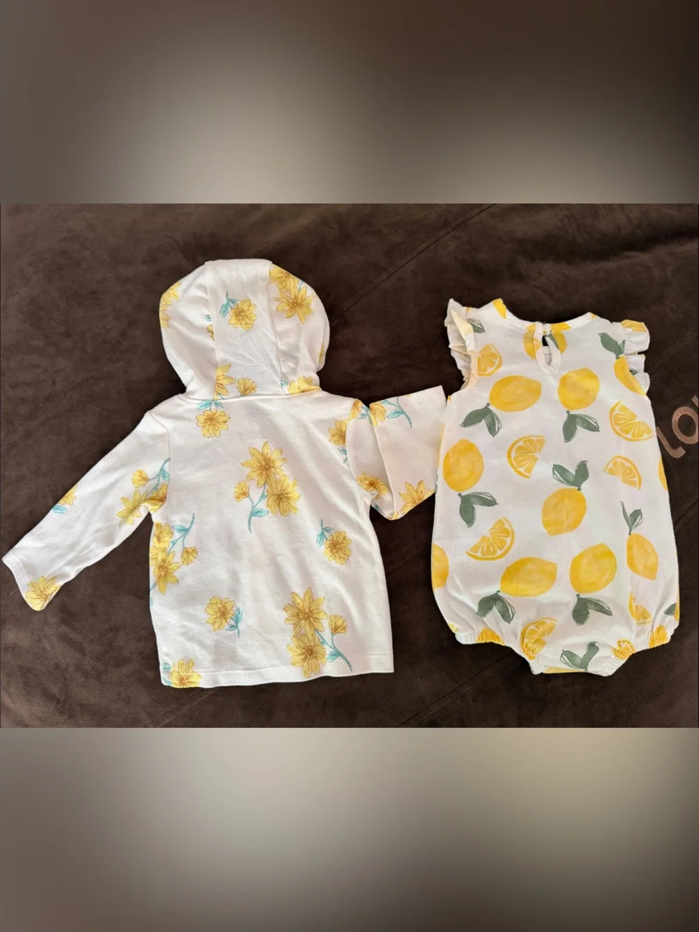 Baby Girl Lemon Print Romper & Floral Hooded Jacket - Yellow & Green